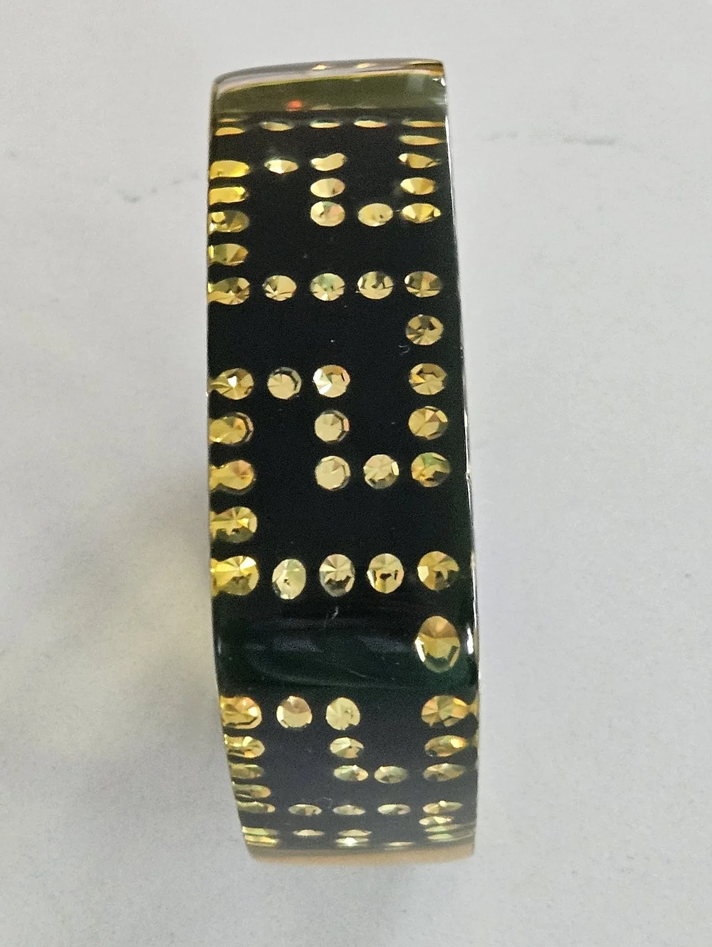Rare Vintage Luxury Designer Black Yellow Greek Key Lucite Bangle Bracelet - Picture 4 of 14
